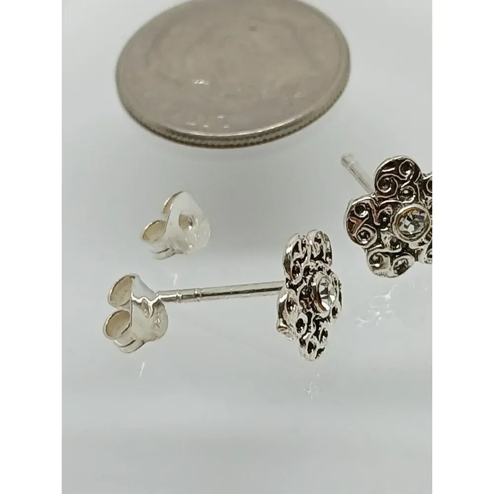 Vintage 1990's Jewelry NOS .925 Sterling Silver Clear AB Crystal Flower Earrings
